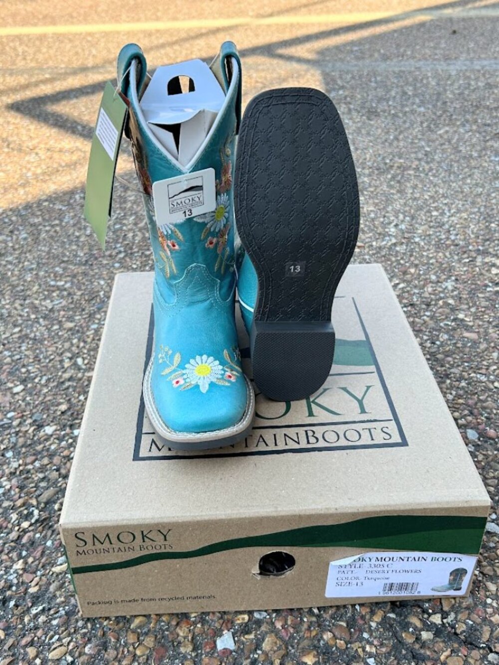 Children's Desert Flowers Design Turquoise Leather Square Toe Boots Size 13
